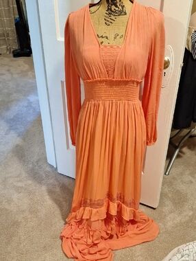 Pink Lily Coral Long-Sleeve Smocked-Waist Maxi Dress